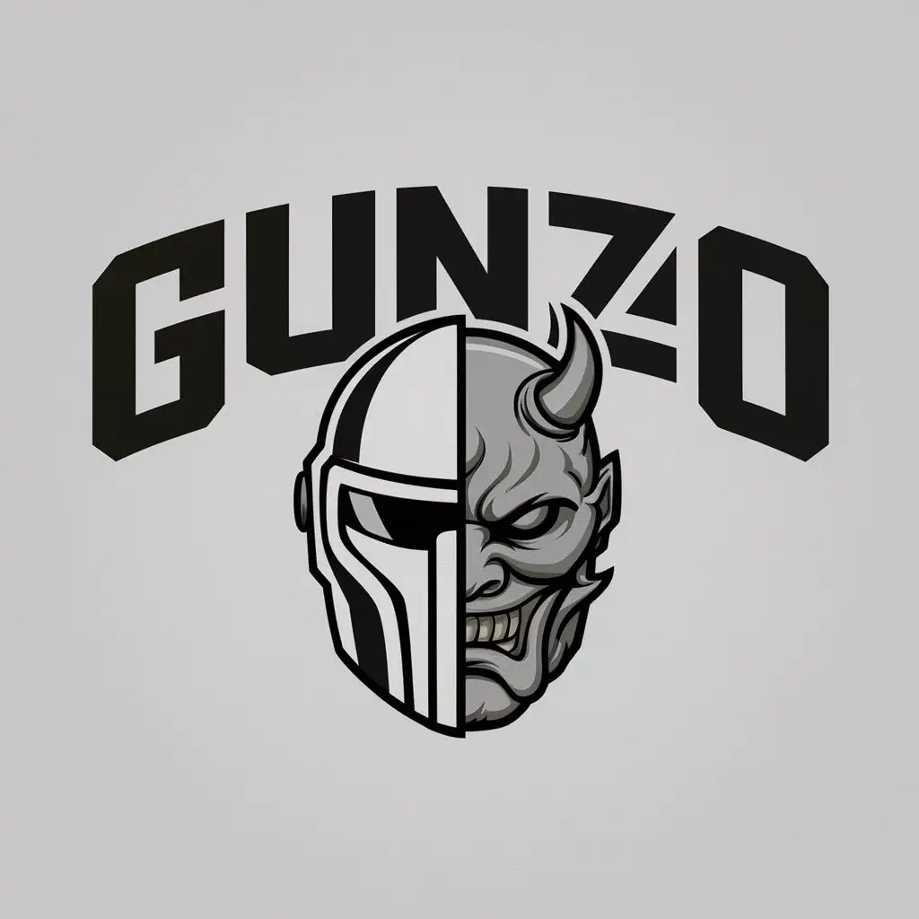 a logo design,with the text "GunZ0", main symbol:a helmet of the rider half white with black glass, half demon mask they,Moderate,clear background