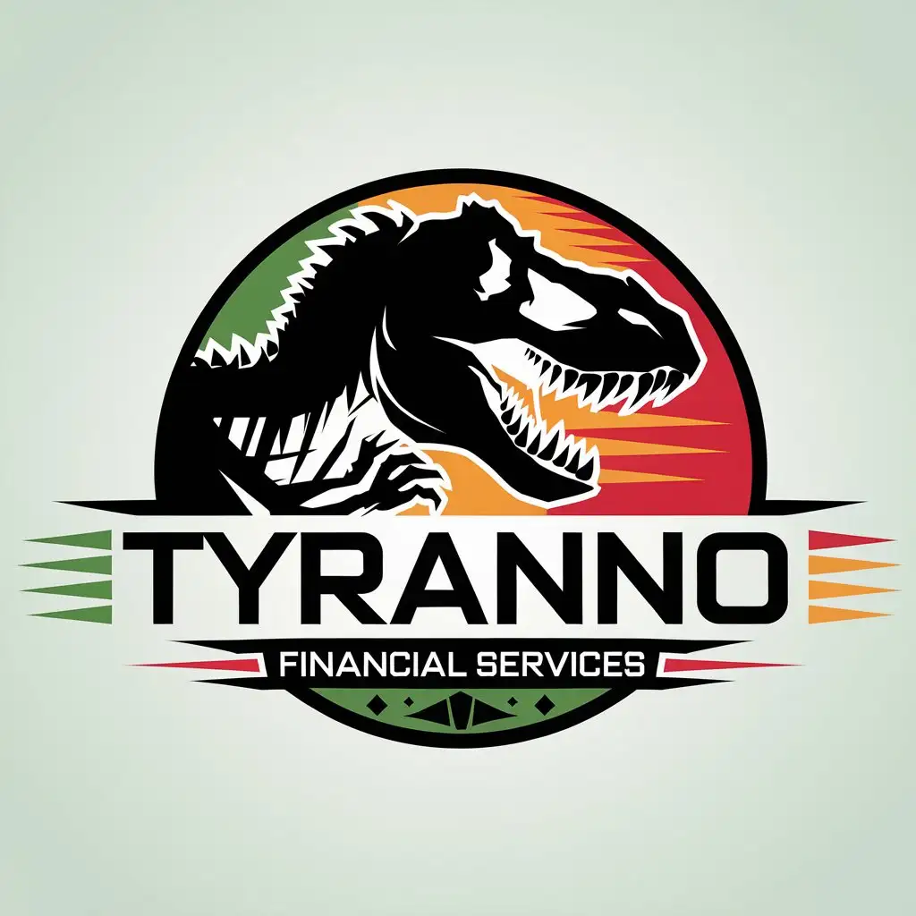 LOGO Design for Tyranno Bold TRex Profile with Dynamic Green Orange Red Accents