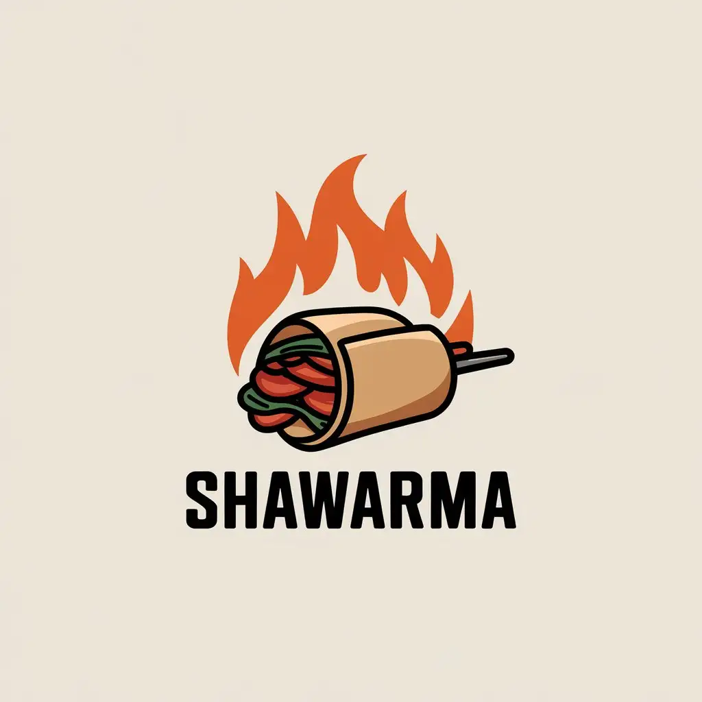 a vector logo design,with the text "shawarma", main symbol:juicy shawarma on fire background,Minimalistic,be used in Restaurant industry,clear background