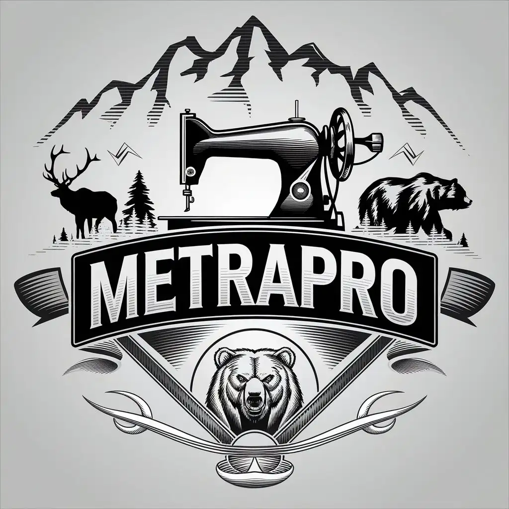 a vector logo design,with the text "MetraPro", main symbol:Sewing, mountains, elk, bear,complex,be used in sewing industry,clear background