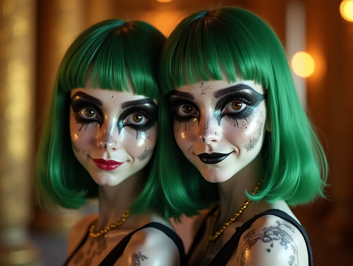 Two young black and white patterned girls with alien face, with green hair, with a slight smile on their faces, highlighting their smiles, modern retro jewelry, in a temple with much gold of various shades 4k quality