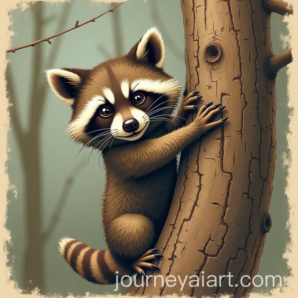 Mischievous-Retro-Style-Raccoon-Climbing-Artwork
