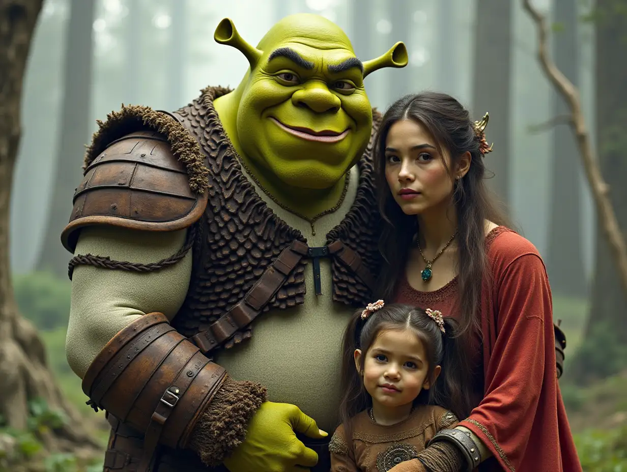 Ki-Fantasy family,Man,Woman, and Children, giant Shrek face with white skin and with wood armor equipment