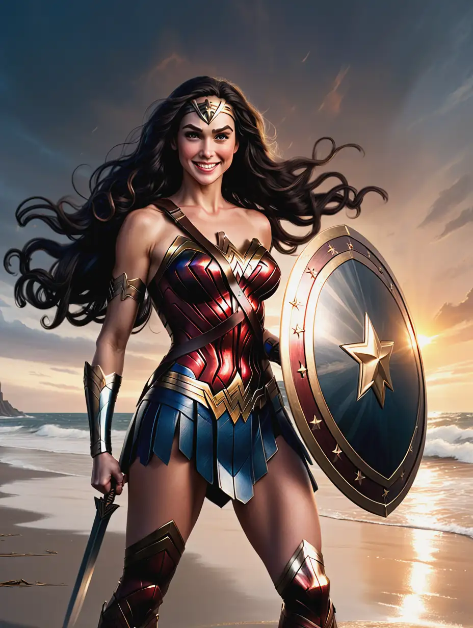 Confident Wonder Woman with Sword and Shield on Dramatic Beach