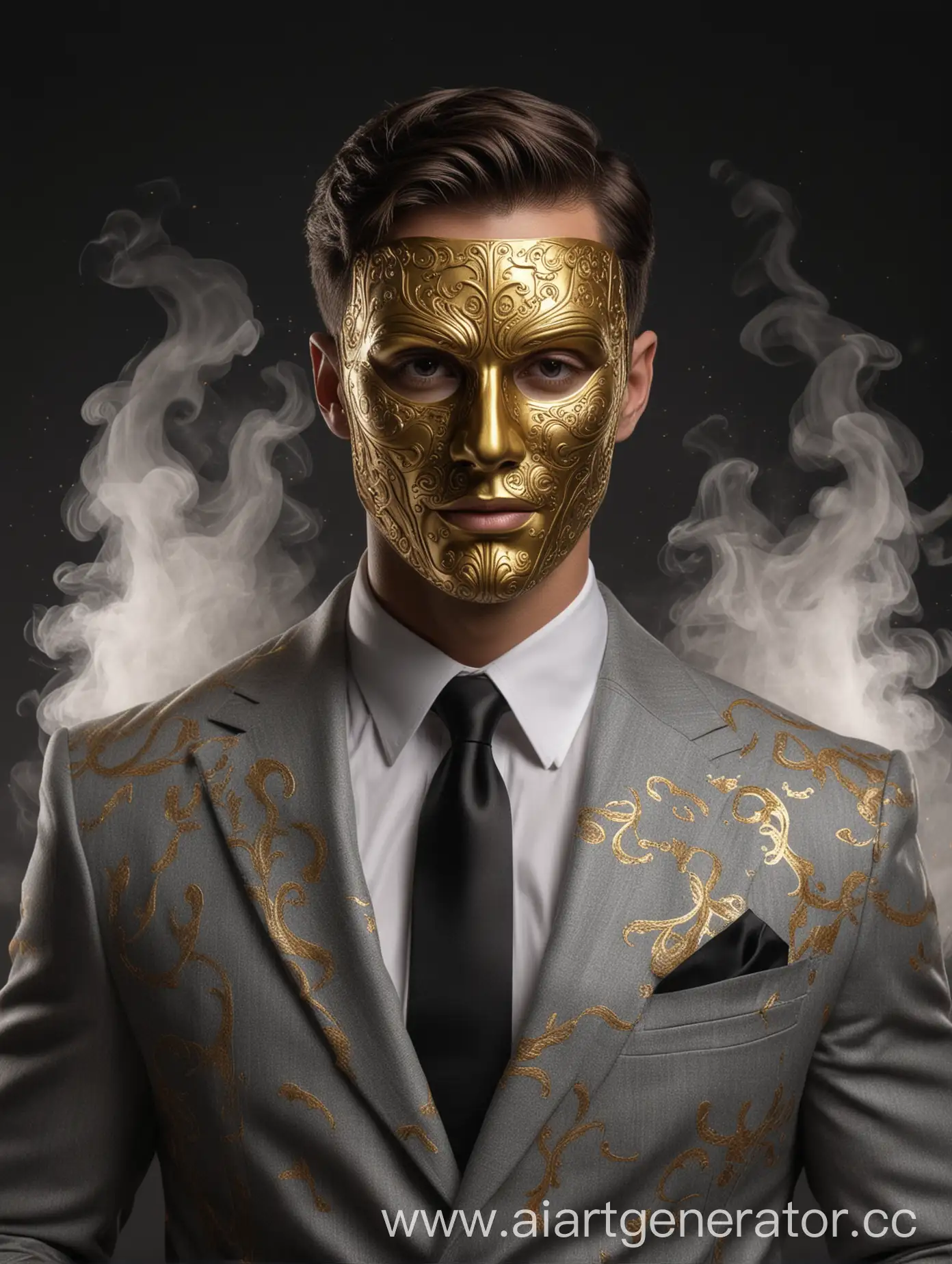 Mysterious-Man-in-Golden-Mask-and-Gray-Suit-Amidst-Sinful-Smoke