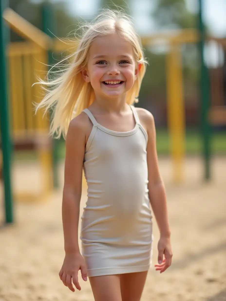 Full body, petite adorable blonde happy young girl, wearing  (((short))) (((tight))) (((stretchy))) dress, at a playground