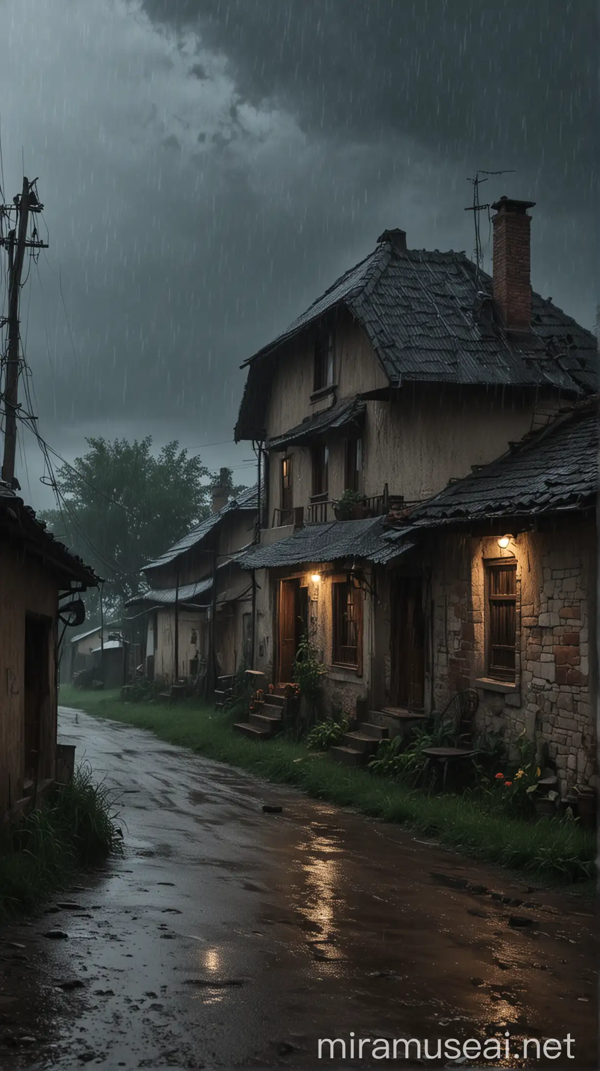 Rainy Village House in Dramatic Atmosphere