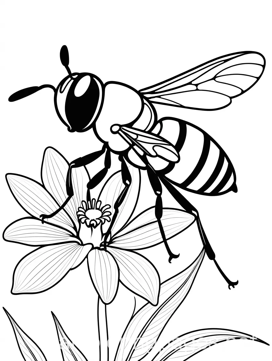 Coloring-Page-Hoverfly-Near-Flower-Black-and-White-Line-Art