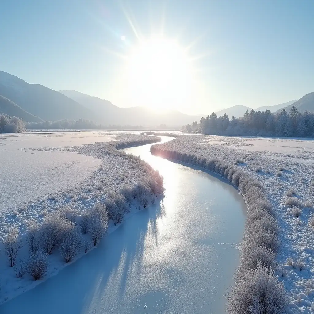 Sunlit-Frozen-River-Flowing-Through-a-SnowCovered-Field