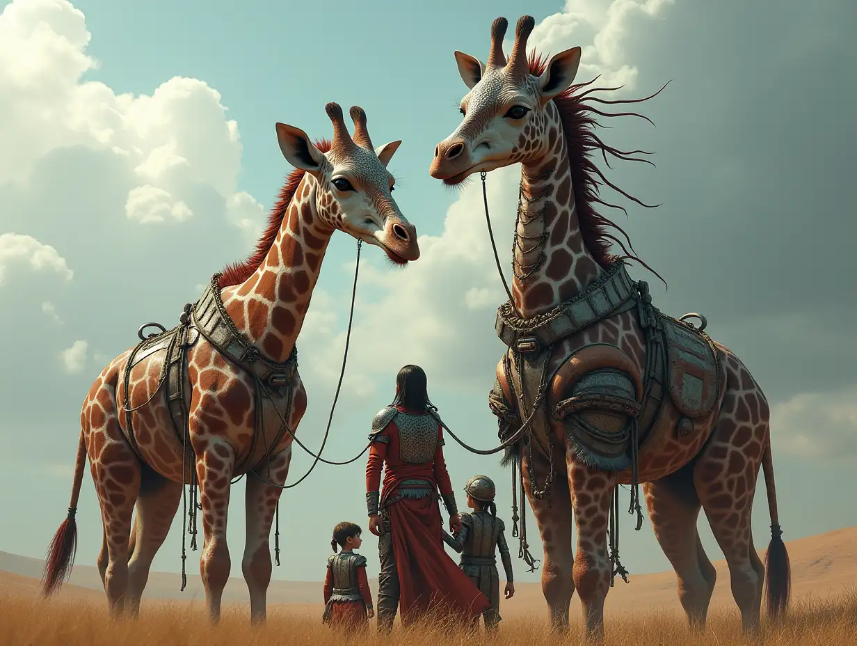 Ki-Fantasy Family,Man,Woman, and Children, giant Giraffe with long neck face and with glass and metal armor equipment