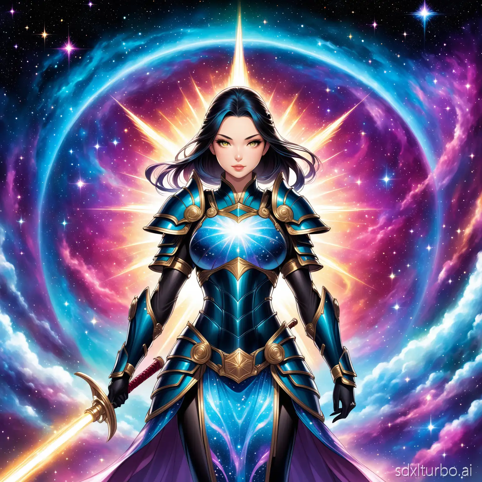 A glamorous female warrior in traditional Japanese attire with modern accents, standing amidst a nebula of starlight and galaxies. Her armor glints with cosmic dust, and her expression is one of serene mystery. The background swirls with vibrant nebulae and distant star clusters. Rendered in a hyperdetailed fantasy style with elements of concept art portraiture, reminiscent of artists like WLOP and Artgerm, with a touch of surrealistic posing.