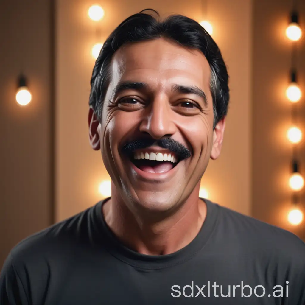 Create a video featuring a man aged 40 to 50 years old with light black hair and a black mustache. The man’s facial features should reflect a blend of Egyptian Arabic, Turkish, and Southern European characteristics—not distinctly European, Asian, African, or Indian. He is smiling lightly and singing happily in a soft, low voice. His movements should be slow and limited, with no wide mouth openings while singing. The man should be facing directly at the camera, looking at us with a decent, respectful, funny, loving, and caring expression. The video should focus closely on his face and upper body, showing only the area above his stomach. The background should evoke a sense of happiness and comfort, using soft, warm lighting and a pleasant, uplifting atmosphere. His demeanor should radiate joy, warmth, and positivity.