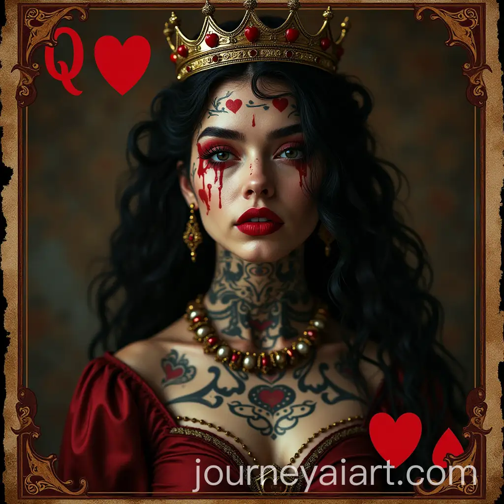 Dark-and-Seductive-Queen-of-Hearts-Poker-Card-Portrait-with-Heart-Face-Tattoos-and-Crown