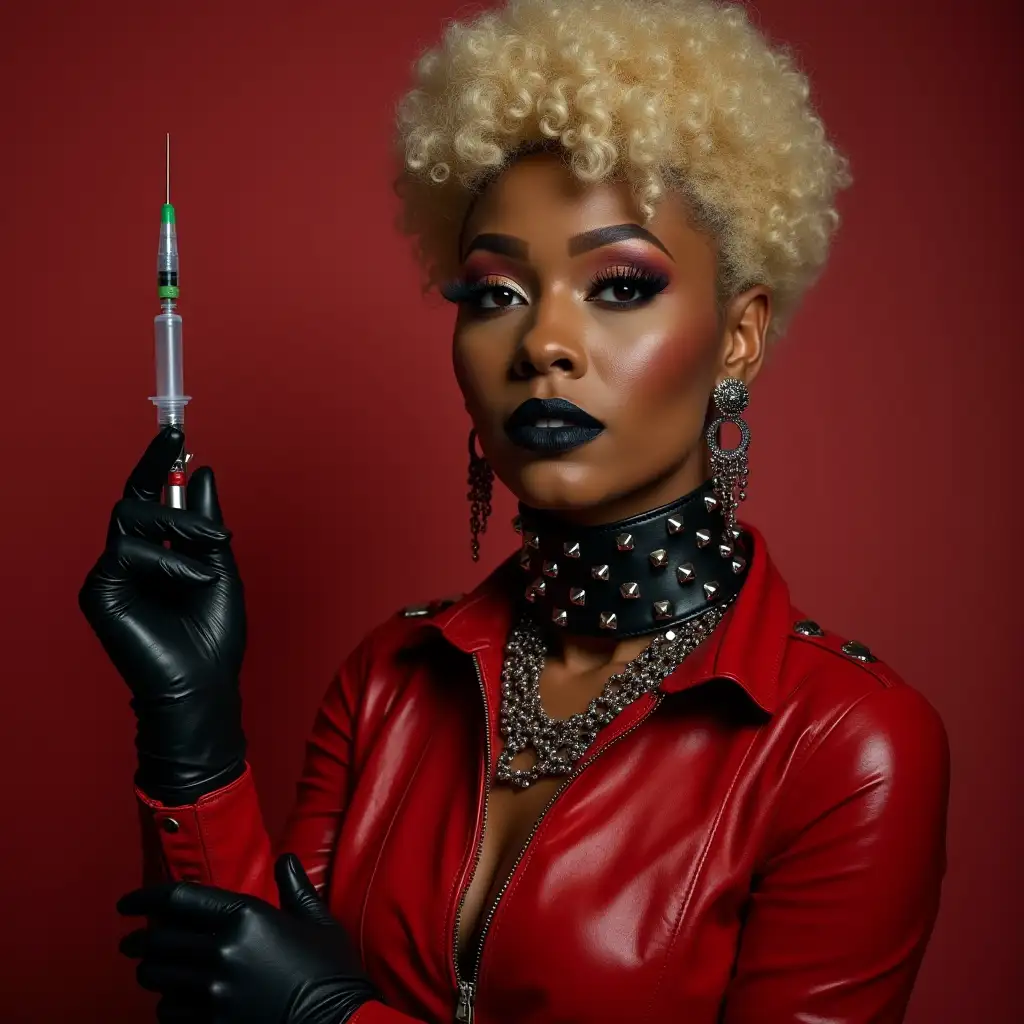 African-Black-Drag-Queen-in-Red-Studded-Leather-Outfit-Holding-Injection-Needle