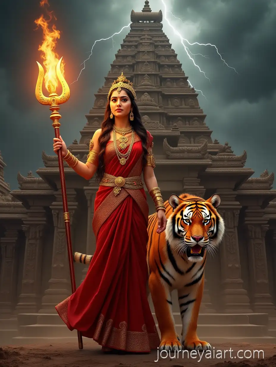 Divine-Goddess-with-TigerDivine-Goddess-in-Front-of-Ancient-Indian-Temple-with-Stormy-Sky-and-Tiger