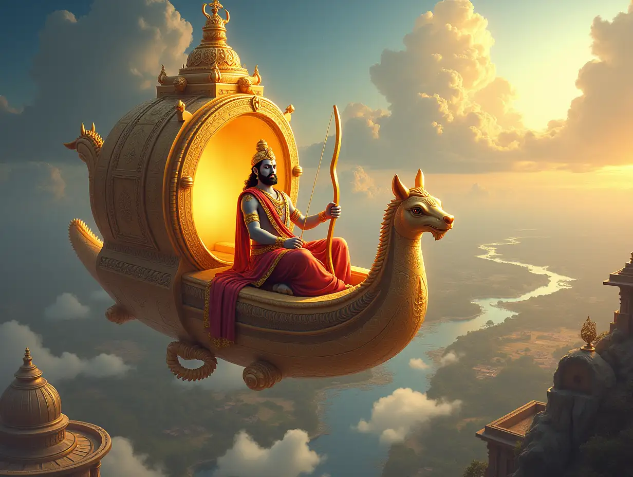 A majestic artistic illustration of Lord Indra and Arjuna seated inside a divine aerial vehicle (Vimana) as described in ancient Indian texts. The Vimana has a glowing golden design, intricate carvings, and a radiant aura, flying high in the sky. Lord Indra, adorned in royal and divine attire, is guiding Arjuna, who is seated respectfully beside him with his bow. The background features a serene sky with clouds, sunlight, and a view of the Earth below with rivers, mountains, and ancient temples.