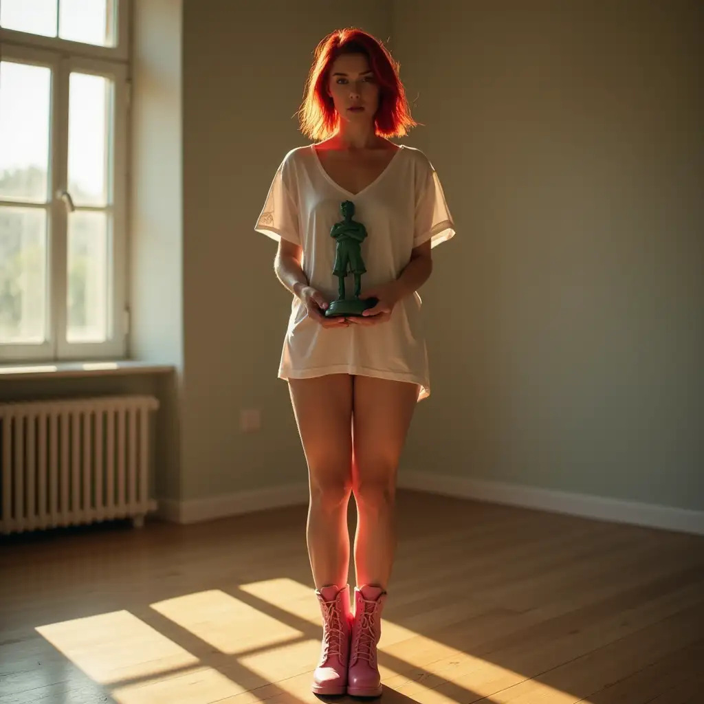 Beautiful female nordic , straight nose, around 25 years old sleek red curved bob asymmetric hair , parted hair, lower part of hair is asymmetric body is intriguing solid fat, , tshirt without trousers, star Standing pose on floor in a wide room, soft & warm sunlight streaming through a window, highlighting her face, increase her face visibility nice artistic pink boots on her feet, both her hands in front of her holding a green statue, she looking at camera, hd,, iphone 15 camera, cinematic lighting, high brightness, intriguing, natural light, Hdr, , Full body photography