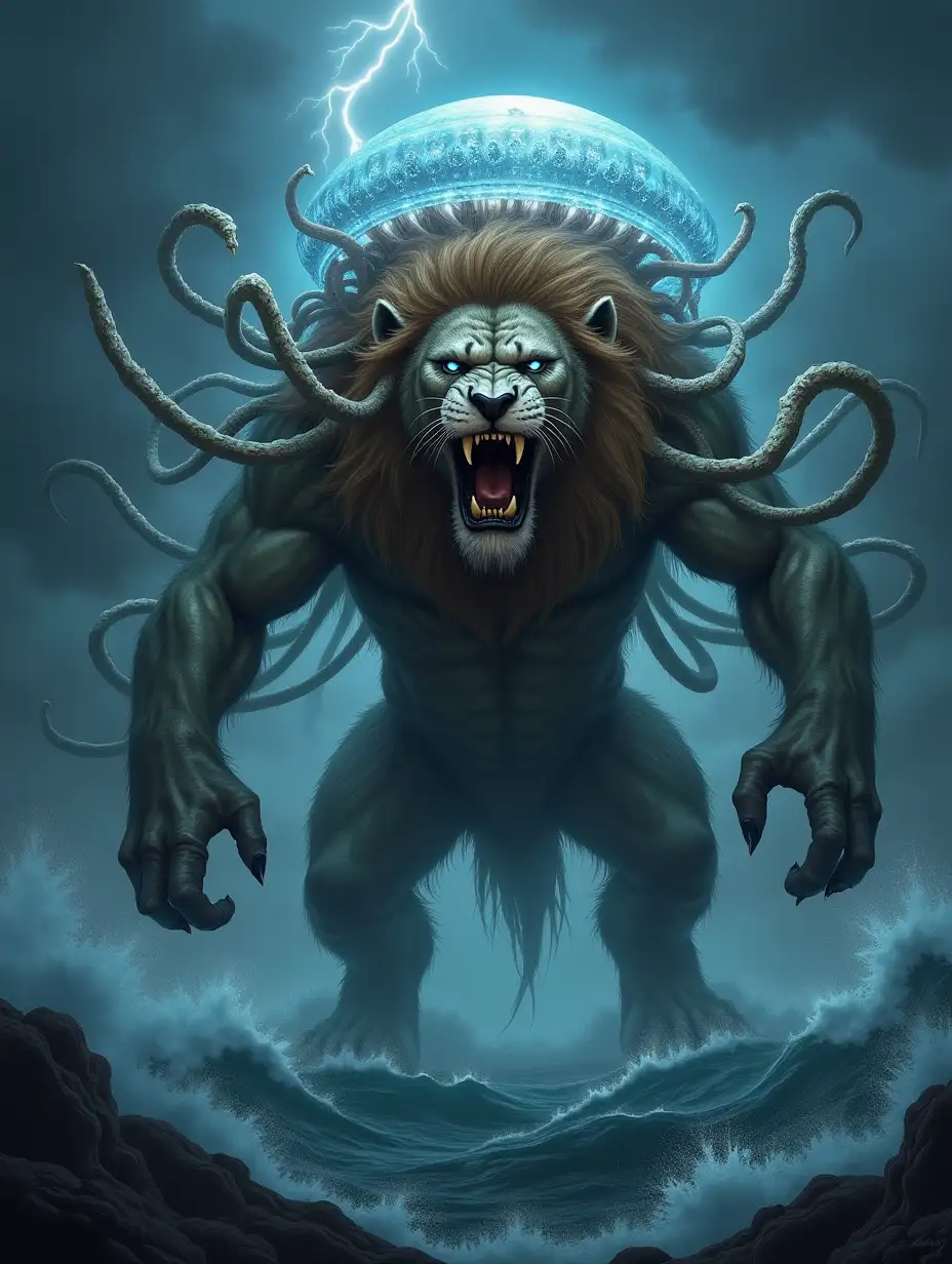 A monstrous hybrid creature seamlessly combining the features of a lion and a jellyfish. The creature has the lion's muscular body and fierce mane, but its head blends into a translucent, pulsating bell resembling a jellyfish, with glowing patterns. Long, venomous tentacles extend from its mane, writhing menacingly. Its eyes glow with a predatory intensity, and its sharp claws are ready to strike. The entire creature is fully in frame. The background features a stormy setting with dark, swirling clouds, lightning bolts flashing in the distance, and a turbulent ocean below, heightening the sense of danger and power.