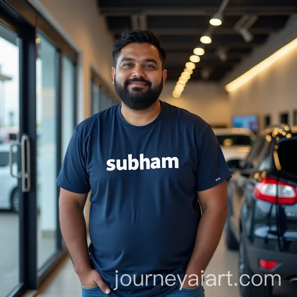 Indian-Boy-in-Front-of-Car-Showroom-Wearing-Subham-TShirt