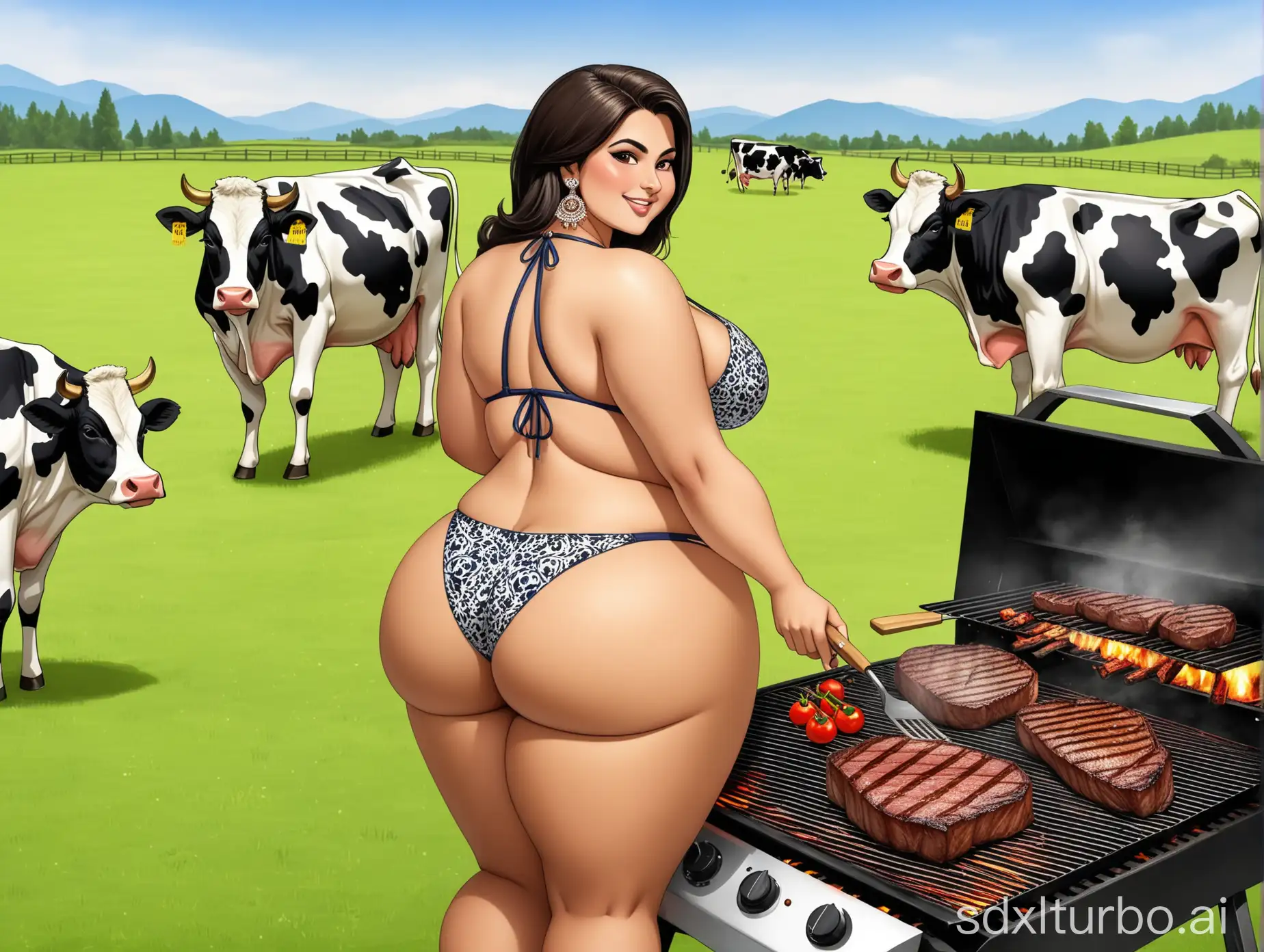 Indian-Woman-Cooking-Steak-on-Farm-with-Cows-Grazing