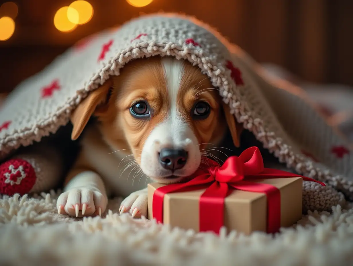 A cute dog snuggled under a blanket holding a gift box, radiating warmth and coziness during the festive season.