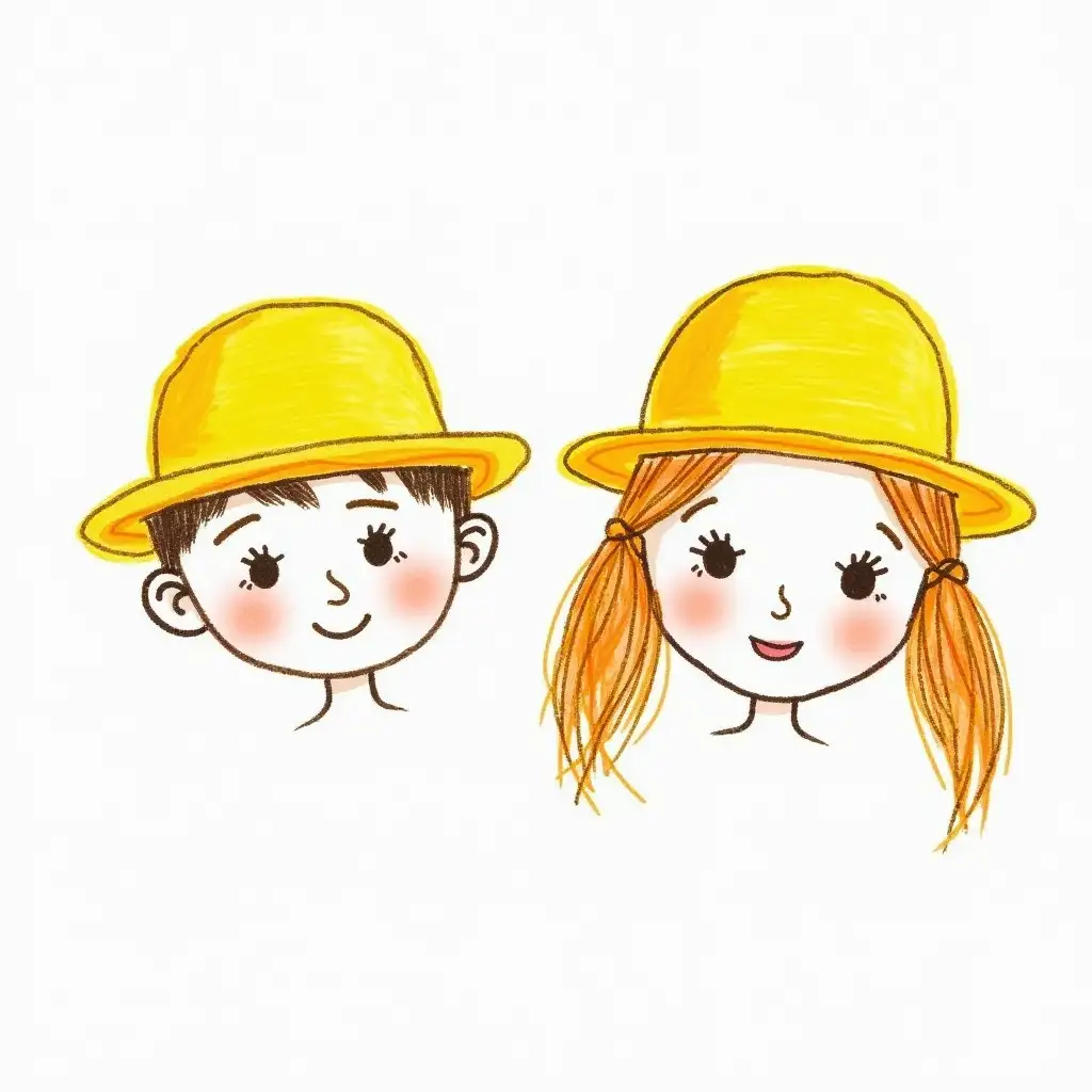 Childrens-Crayon-Drawing-of-Boy-and-Girl-Wearing-Yellow-Round-Hats