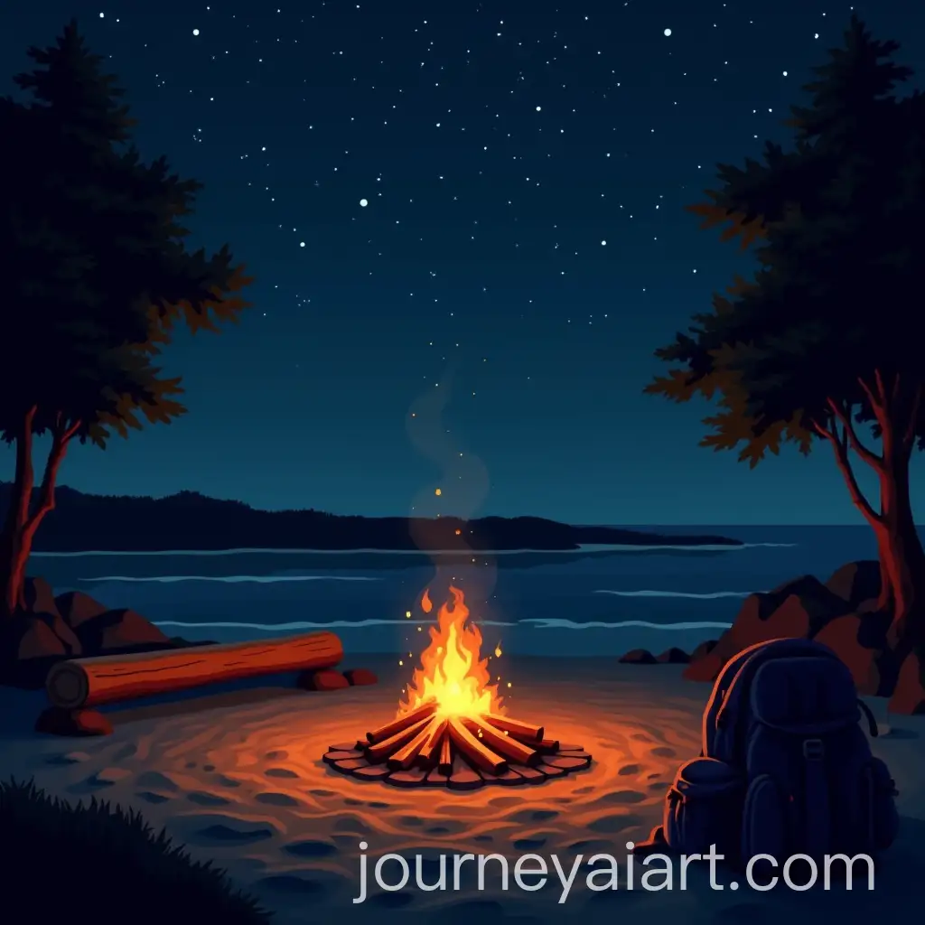 Cozy-Campfire-on-a-Beach-at-Night-with-Starry-Sky-and-Ocean-View