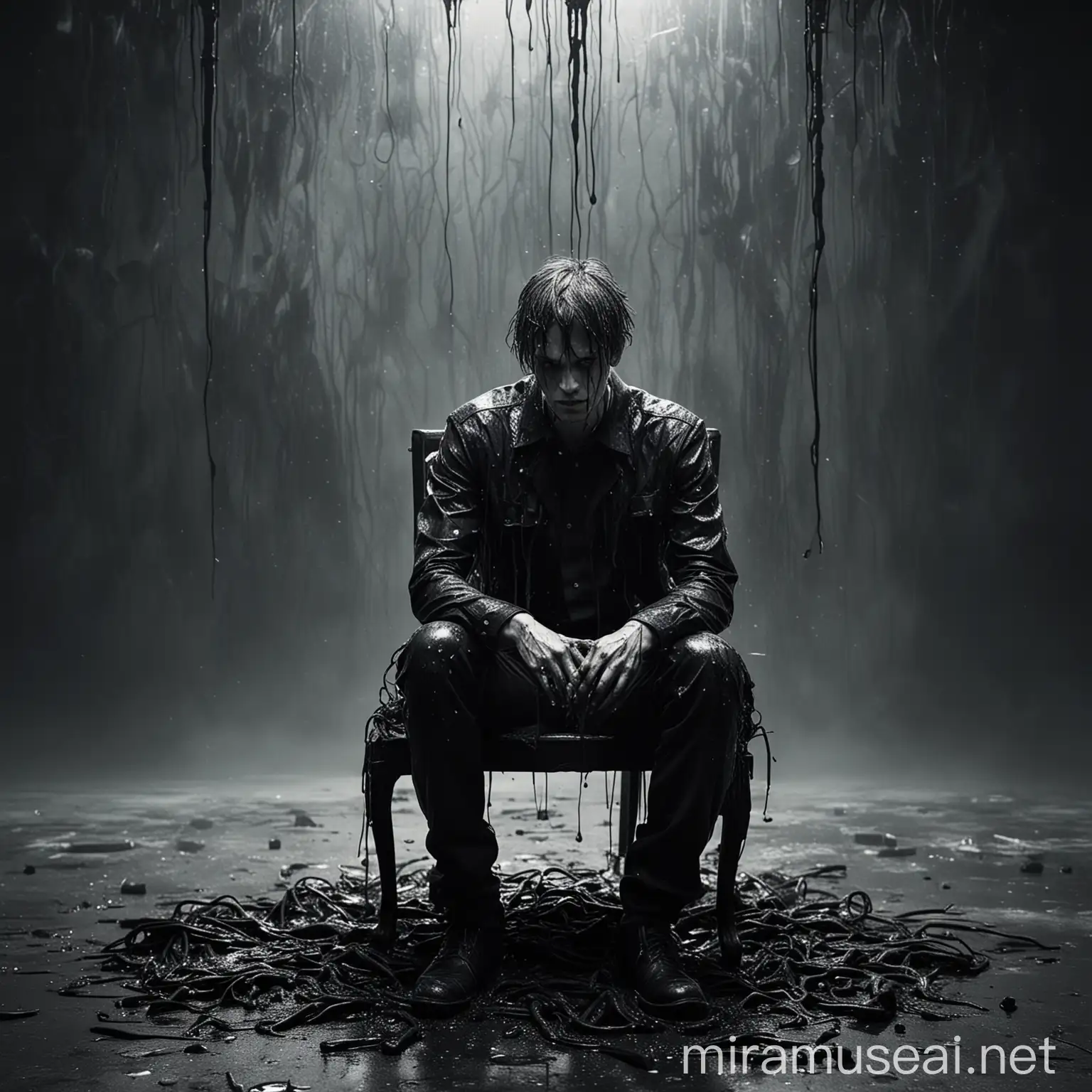 Surreal Portrait of a Melancholic Young Man Covered in Melting Tar and Spiders