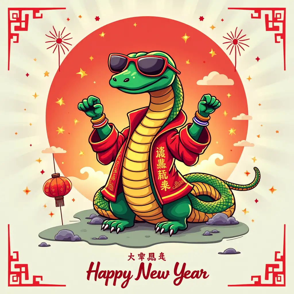 A vibrant, cartoonish illustration of a stylized snake, celebrating the Chinese New Year, is depicted in a dynamic 'dab' pose. The snake features a rich gold and green color palette, with a textured, mosaic-like pattern on its scales. It wears trendy sunglasses and a festive red jacket adorned with intricate gold patterns and the character '福' (fortune) prominently displayed. Its arms are raised in a playful gesture, showcasing colorful bracelets and accessories. The background is a lively light gray, accented with radiating lines, small gold stars, and traditional Chinese New Year elements such as fireworks, red lanterns, and stylized clouds. The overall composition is framed by a large red circle reminiscent of a sun, with decorative geometric borders surrounding it. At the bottom, the words '新年快乐' (Happy New Year) are elegantly scripted, completing the festive and cheerful atmosphere of this celebratory design.