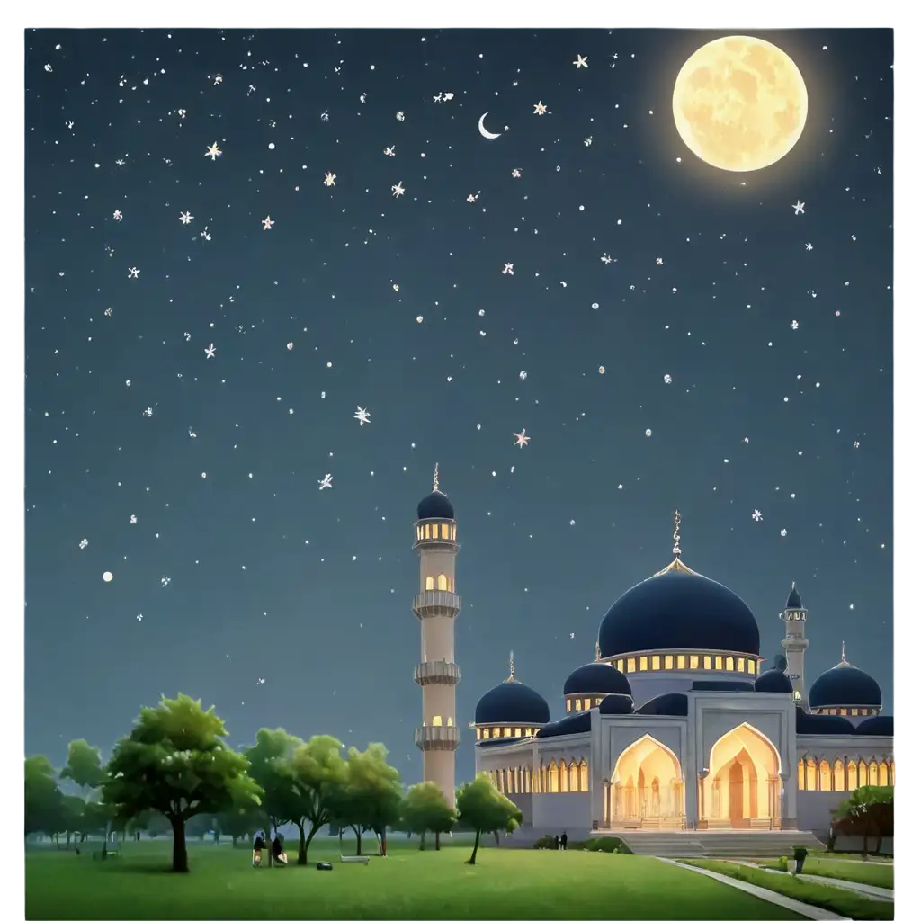 Serene-Ramadan-Night-View-PNG-Mosque-Lanterns-and-Fasting-in-Peaceful-Park