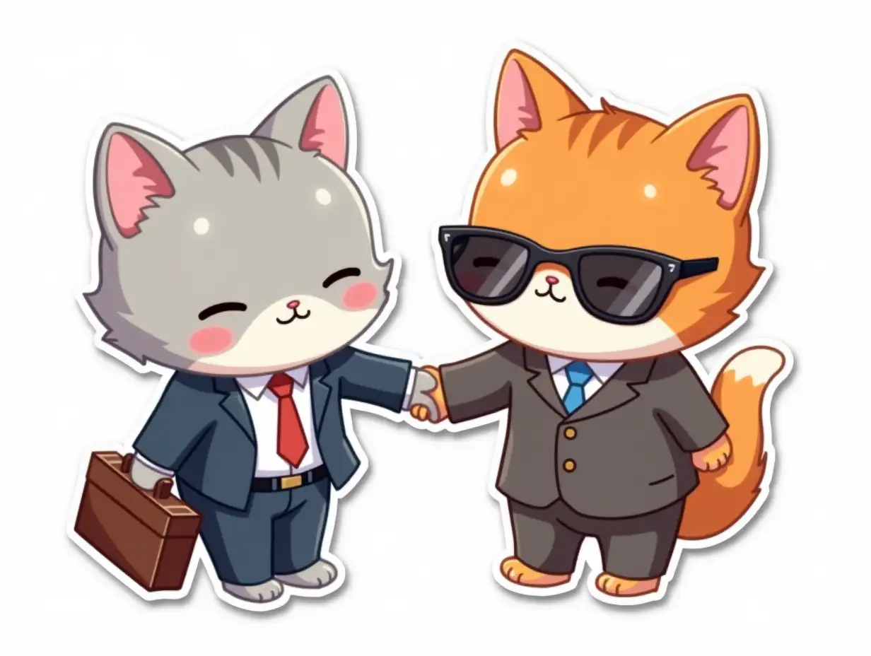 Curvilinearly cut UV laminated sticker depicting kawaii positive little happy light gray cat in a business suit with a briefcase in his hands, he shakes hands with another red-haired cat in sunglasses with glare, a business suit and a briefcase in his hands. die cut sticker design top-view, high resolution, vector art, white background, paint in anime style