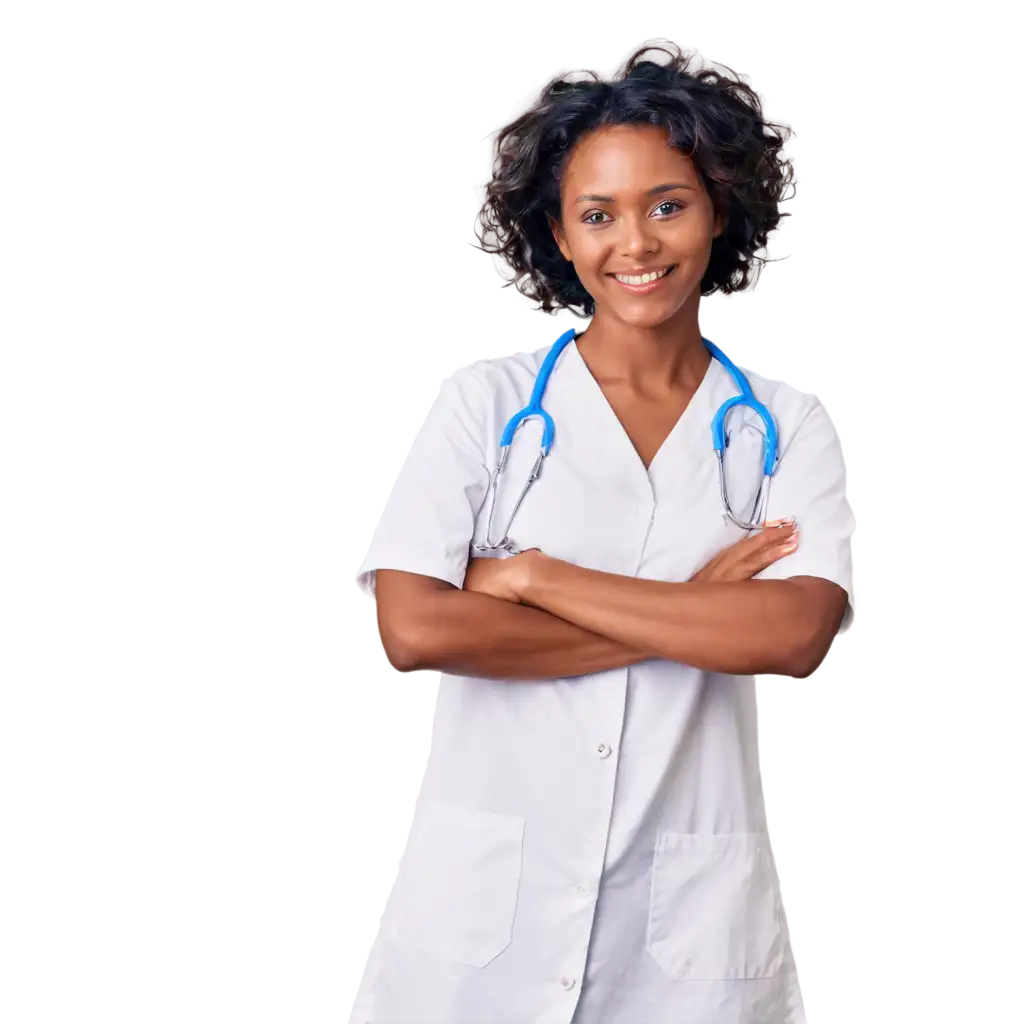 PNG-Image-of-a-Smiling-BlackSkinned-Nurse-in-White-Blouse-with-Stethoscope