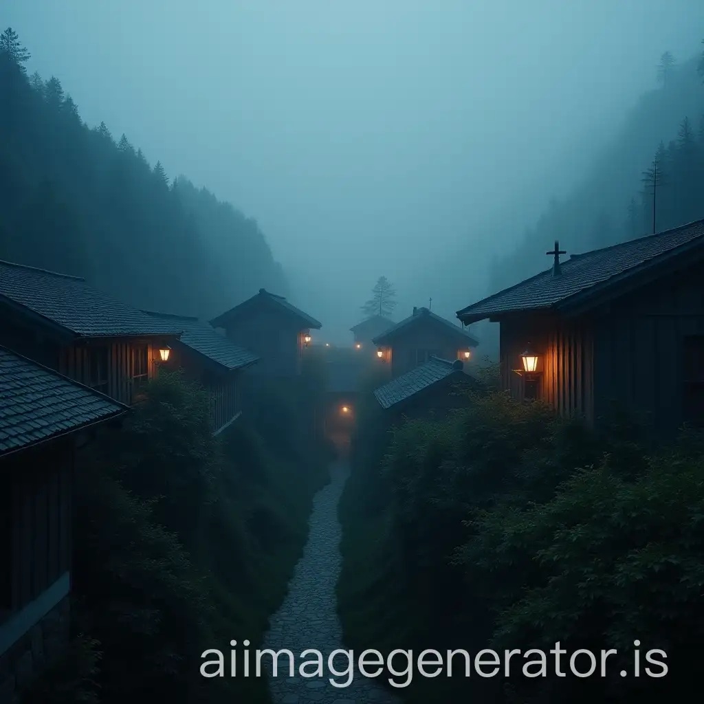 FogCovered-Mountain-Village-at-Dusk-with-Hidden-Tunnel-Path