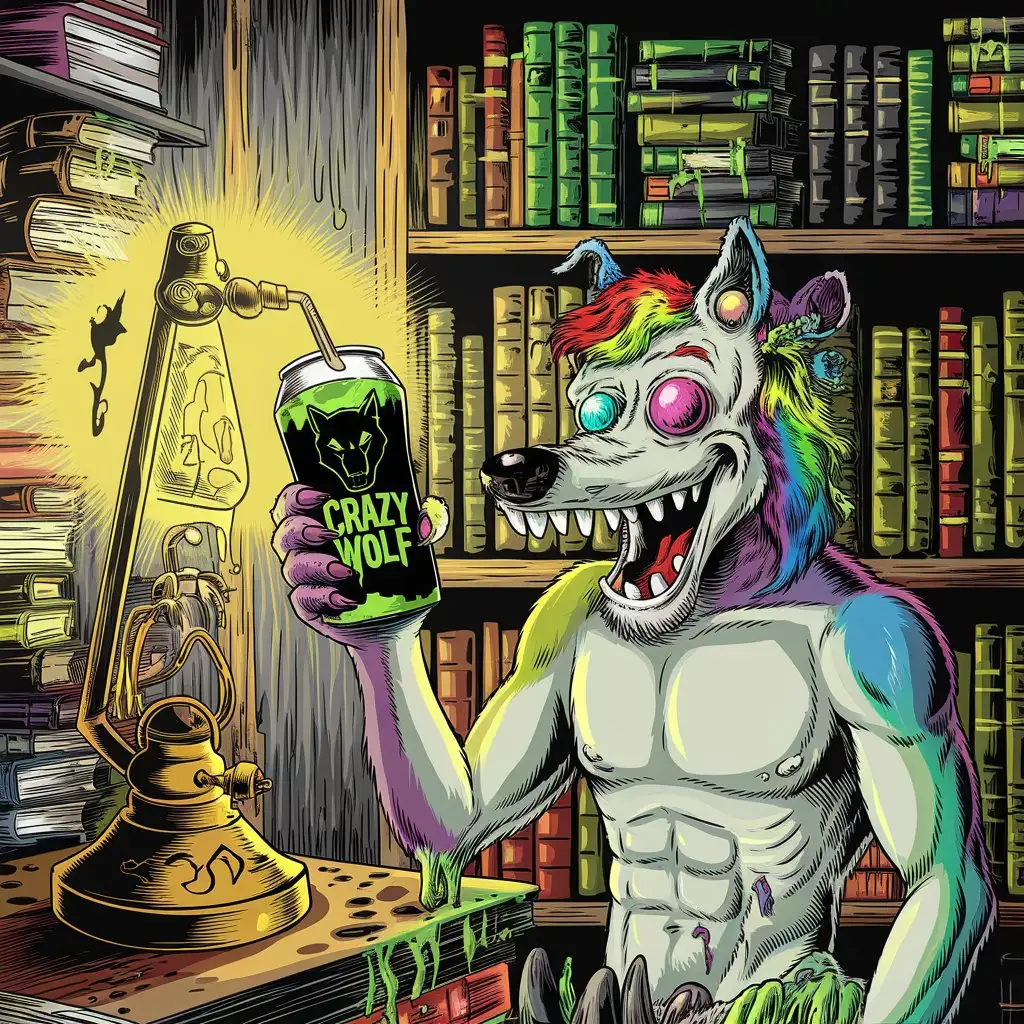 Muscular-ZombieWolf-with-Rainbow-Fur-and-Necronomicon-Oil-Lamp-in-Underground-Comic-Style