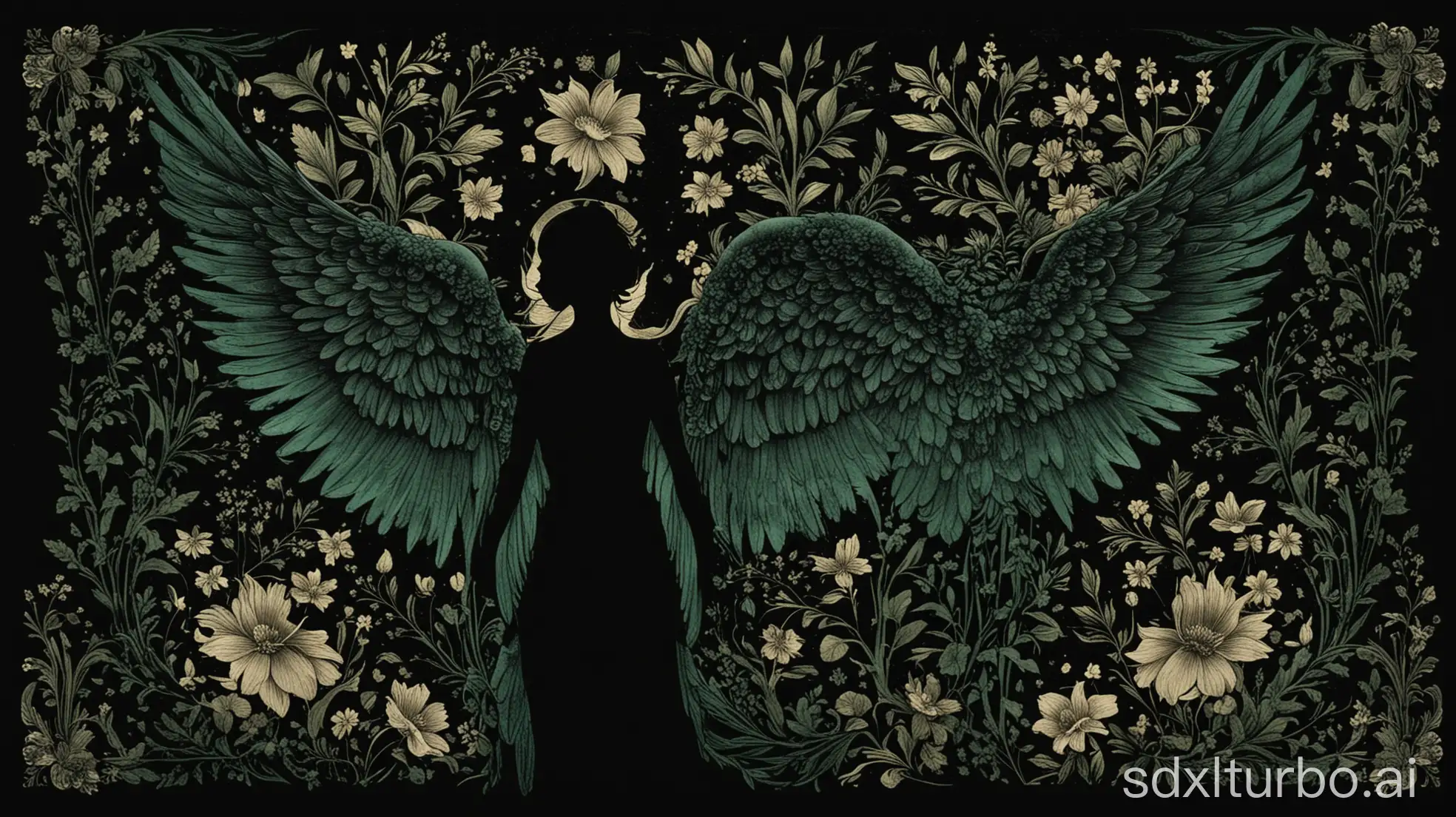 Winged-Angel-Silhouette-with-Flowers-on-Dark-Green-and-Black-Background