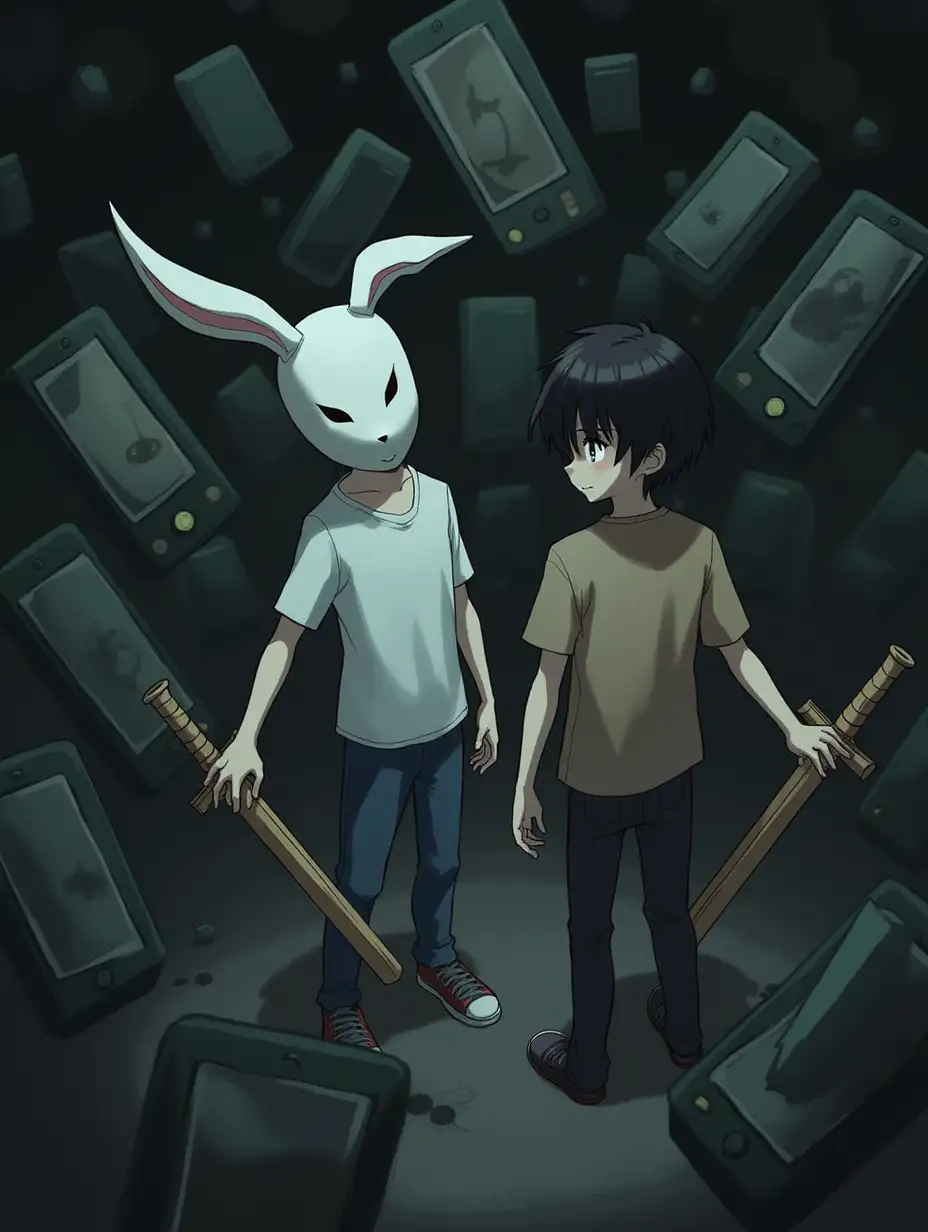 Two boys are standing surrounded by giant phones. They are fighting them with wooden swords. One boy is in a white t-shirt and wearing a mask of a rabbit. Second boy has dark hair and is wearing brown t-shirt. The whole picture is dark and creepy. Anime style.