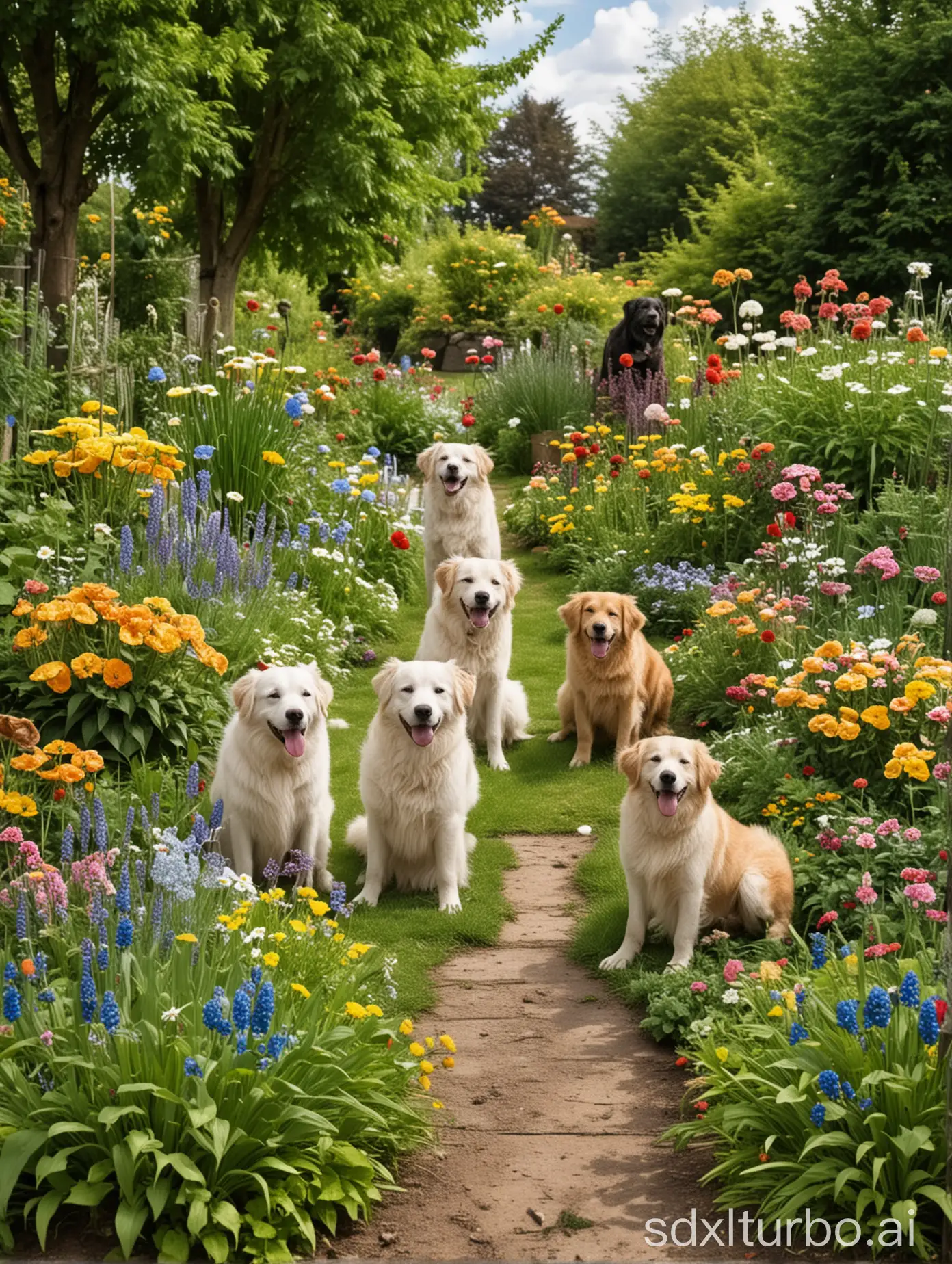 Cheerful-Dogs-Playing-in-a-Blossoming-Garden