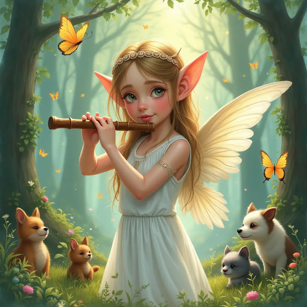 Young girl, elf ears, forest, plays flute, animals watch, charmed, white dress, winged shoulders, butterflies, sparkling magical points, fantasy background, watercolor style, intricate detail, vivid colors, whimsy mixed with enchantment, high-quality, digital painting