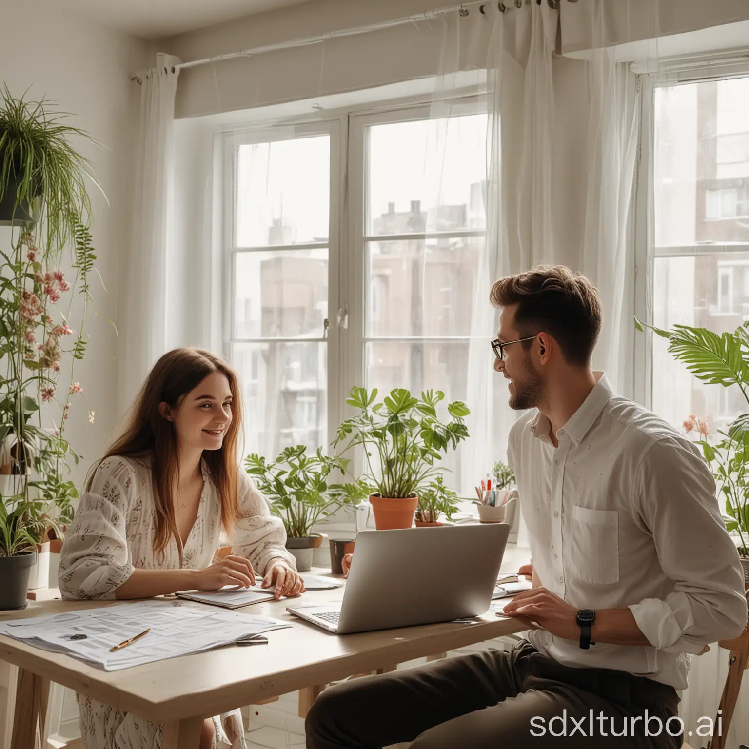 A European-looking guy and girl are sitting at a table in a bright, well-lit room. It seems they are engaged in online business. The room has high windows partially covered with curtains. On the table, there is an open laptop and office accessories. The room has flowers and other plants. There are also printed business charts on the table. The people are looking at the laptop screen, which is viewed from behind. Their mood is elevated and enthusiastic.