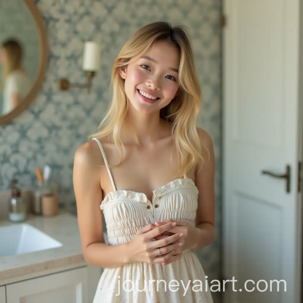 Cute-Asian-Girl-in-a-Bathroom-Carrying-Laundry-in-a-Petite-Dress
