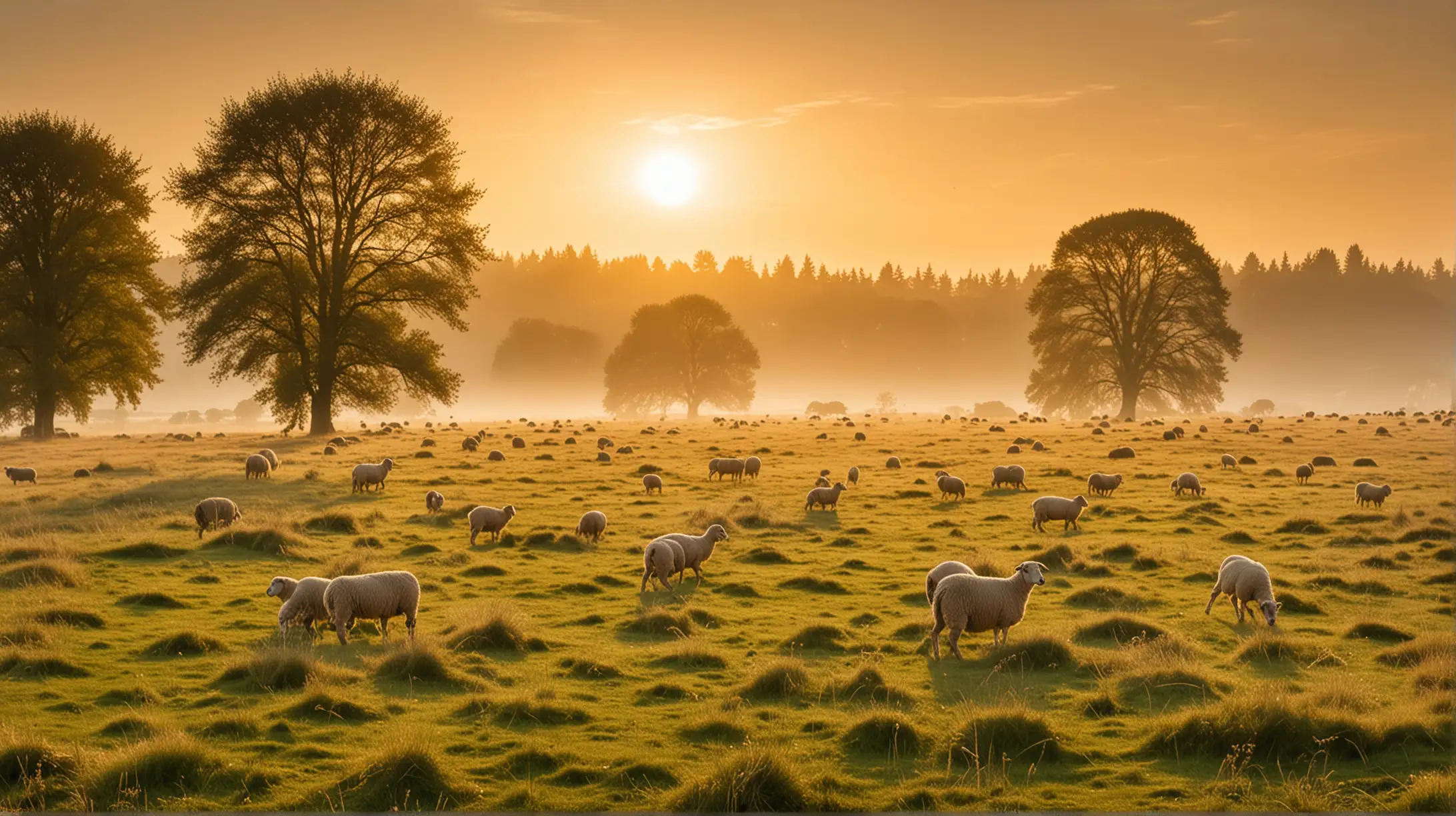 Tranquil Meadow with Grazing Sheep at Sunset