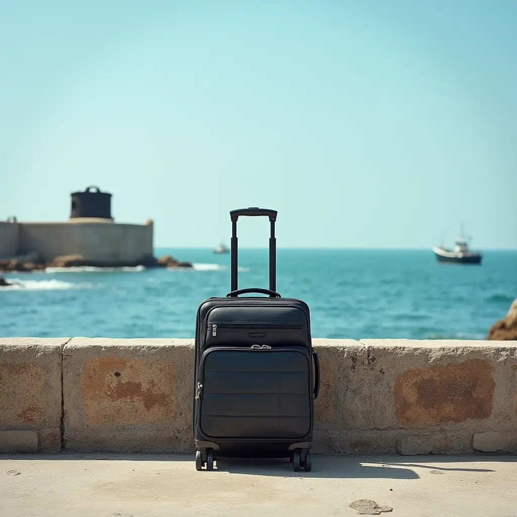 Surrealistic Harbor Scene with Suitcases on Stone Wall