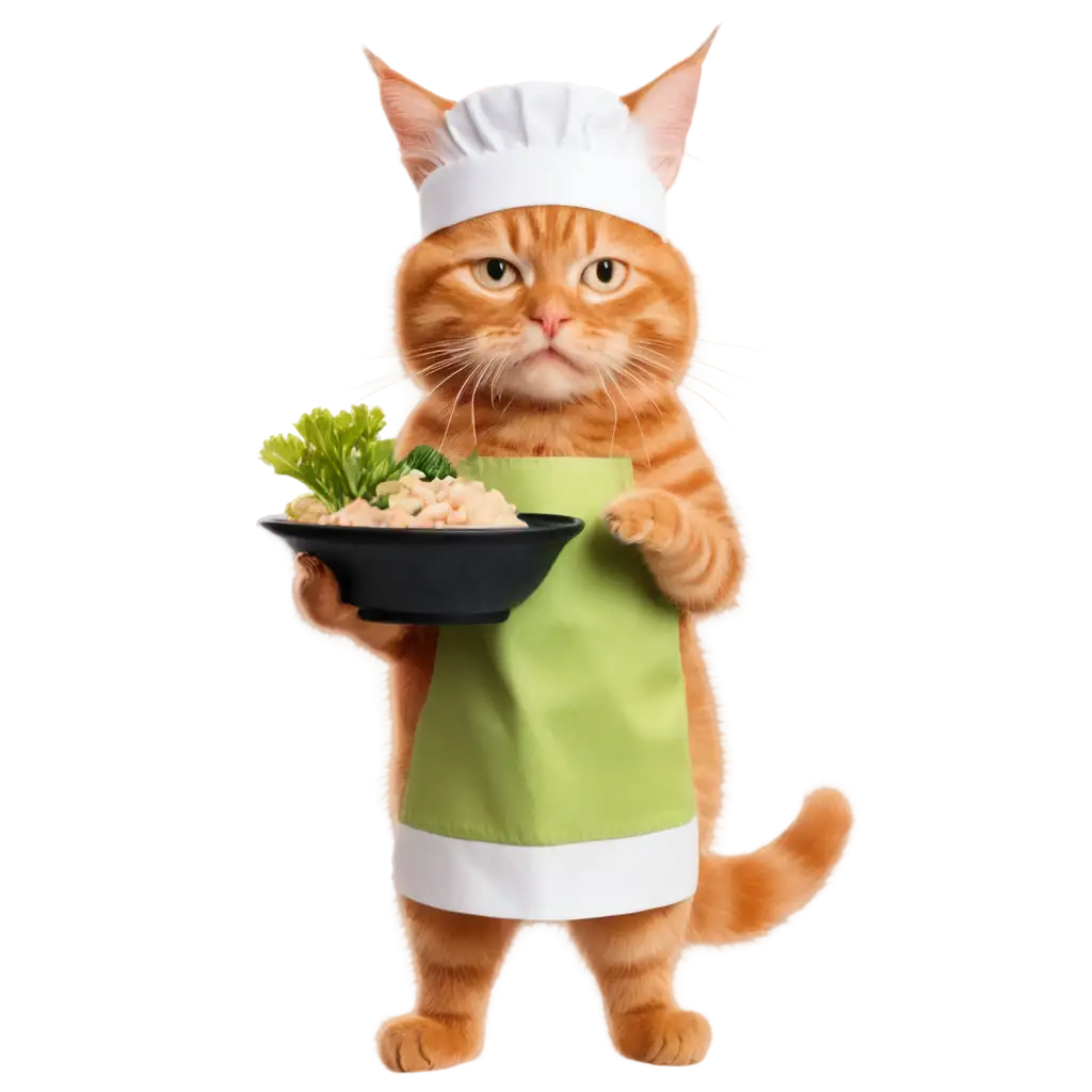 A cute Ginger cat dressed as a sushi chef, with a wasabi bowl, PNG format, transparent background.