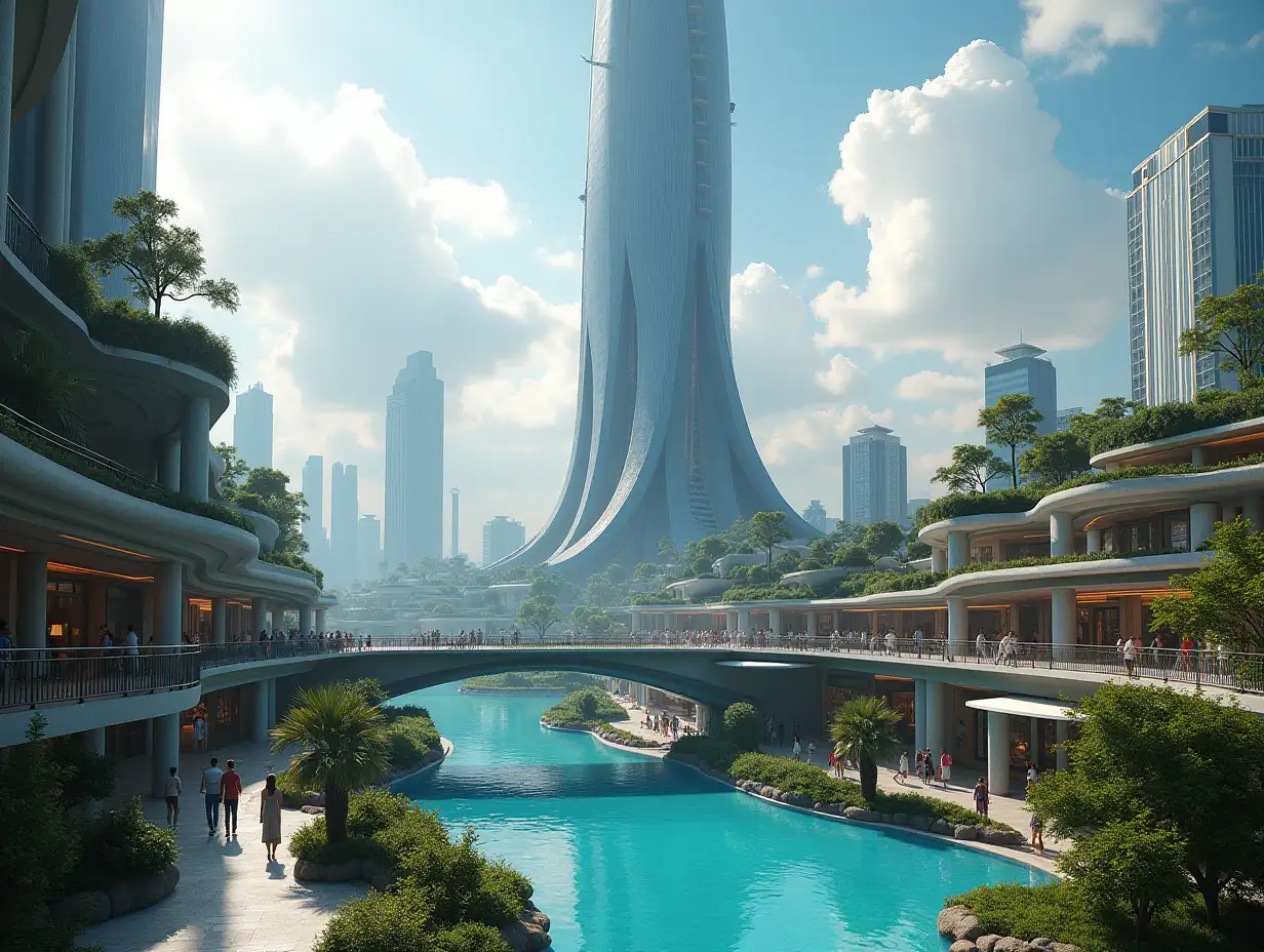 Create a high-resolution, realistic panorama image of a futuristic tower in a big city with subway and shopping center with bridge, pool and many people, many plants and cloudy sky