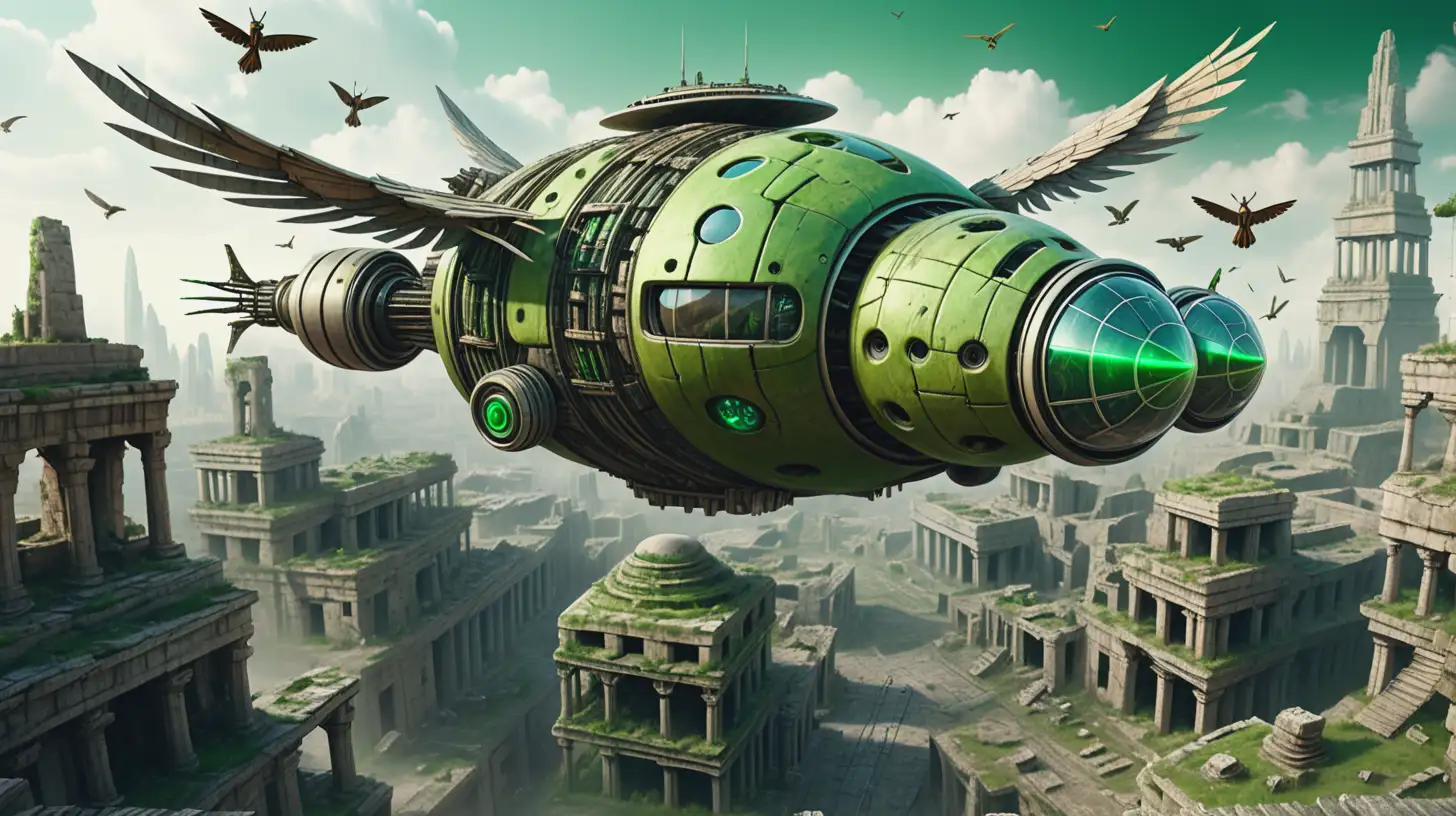 Futuristic Living Airship Over Ancient City Ruins