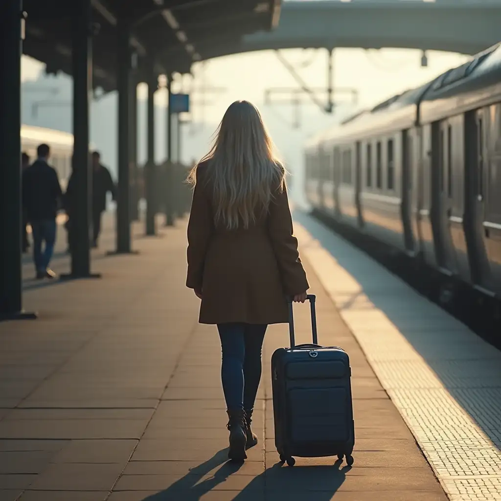 Girl heavyset with long light hair with suitcase goes towards the train station, we see only her back