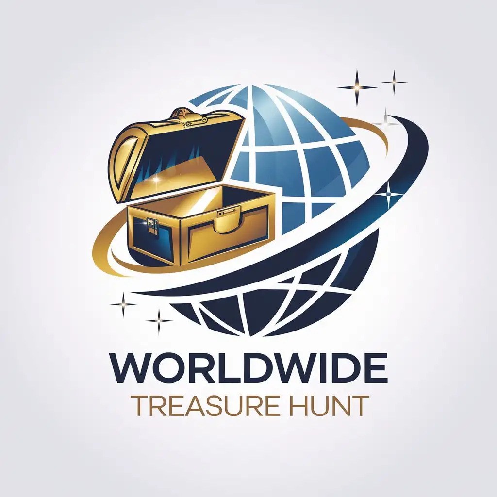 LOGO Design for Worldwide Treasure Hunt Globe with Treasure Chest Gold Blue White Theme