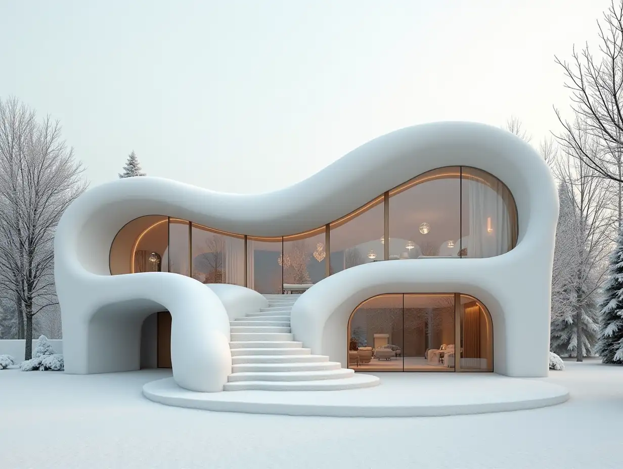 crooked house in White-with stucco in form of plant ornament, large windows with glass closed, curved, smooth window shapes, curved grand entrance staircase Complex curved roof