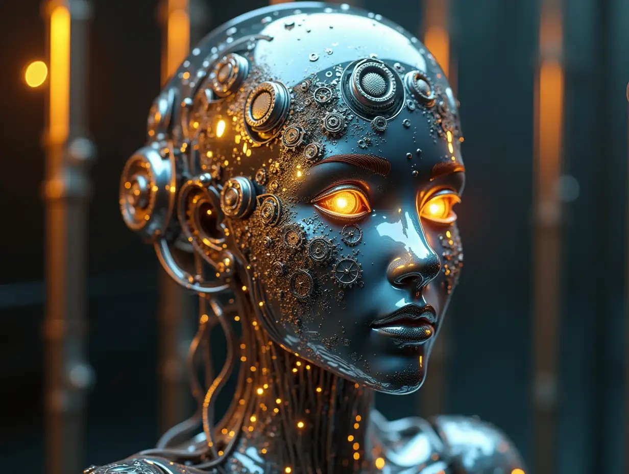 Create a high-resolution, realistic image of an artificial intelligence with gears on the cheeks and a glass head with visible platinum brain with many gears, lightwave cables, led lights face 3d 4k resolution with background gold and silver ornaments background