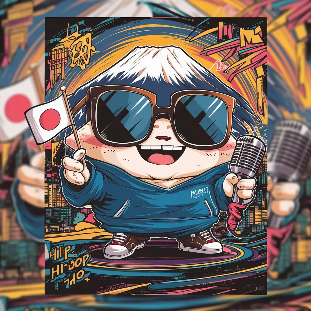 Mount Fuji anthropomorphoid anime image, super cute, people like, hip hop style, interior photography, mechanism HD, can be applied to poster design, wearing strange sunglasses, holding the Japanese flag, grinning